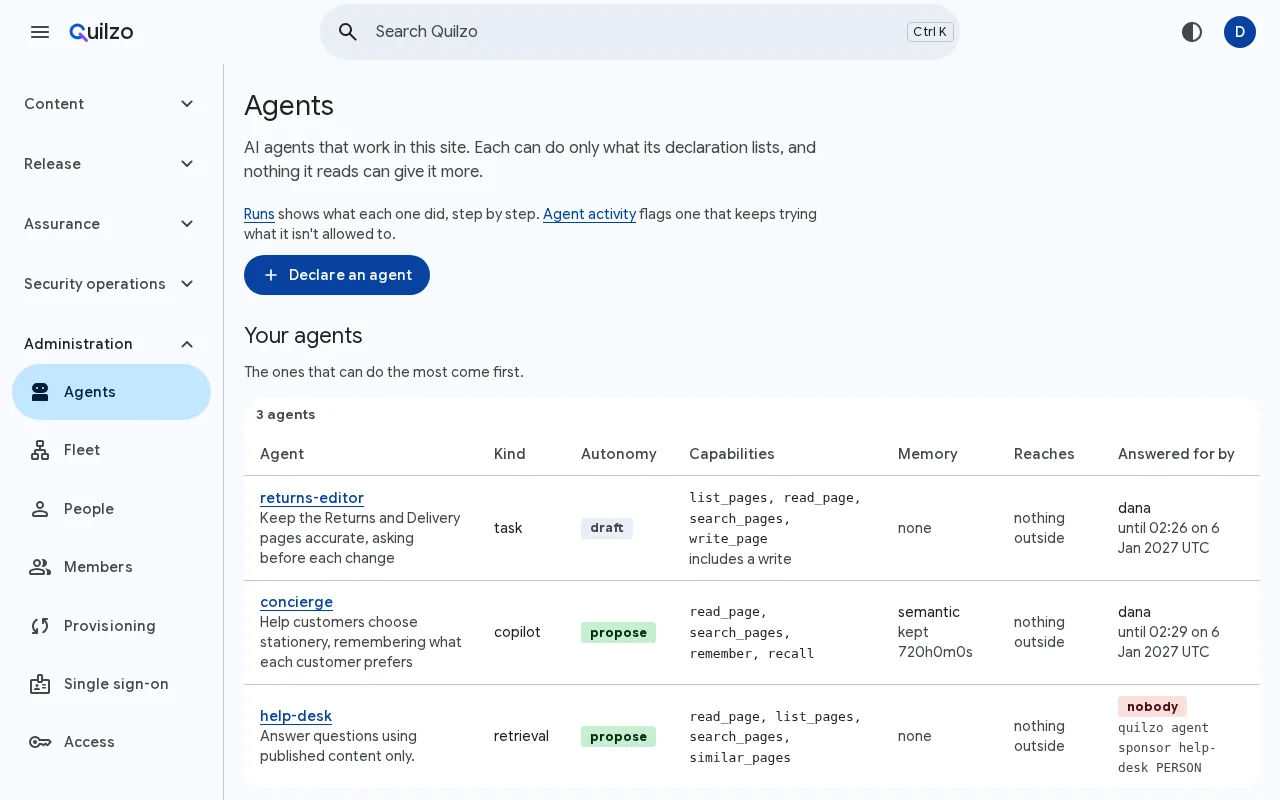 The Agents screen: each agent with its kind, autonomy, capabilities, memory, reach and the person who answers for it