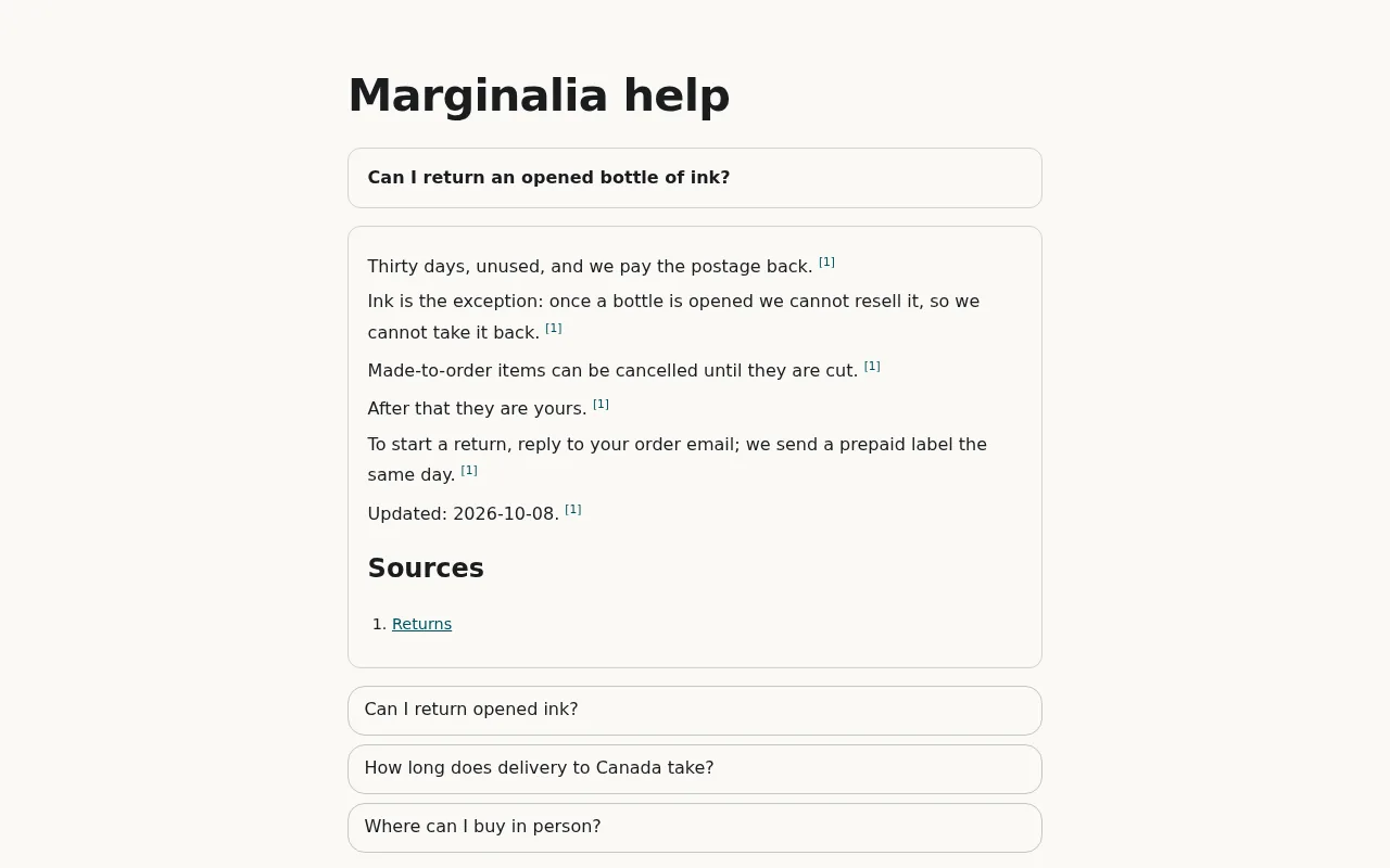 A chatbot answering from published pages, with a source on every sentence